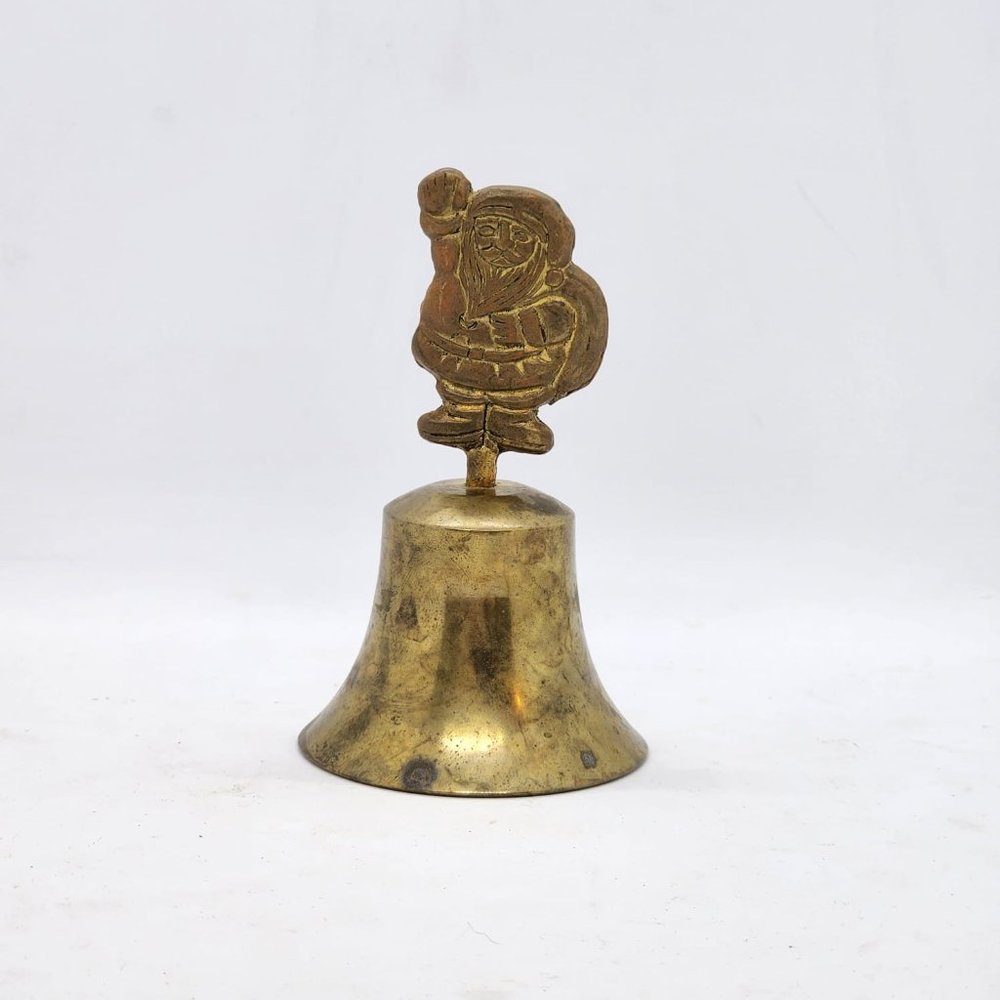 VINTAGE BRASSS CHRISTMAS BELL with Santa Claus handle 4.5" tall by 2.5 wide